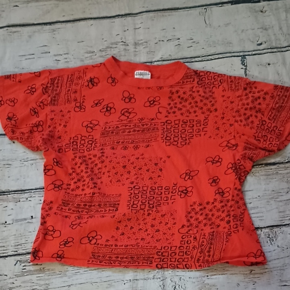 Croquet Club Vintage Single Stitch Orange Black Abstract Floral Print T Shirt M